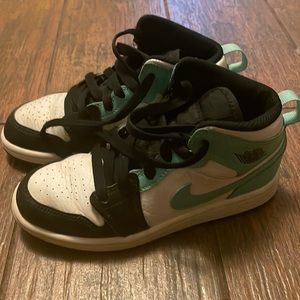 Kids Jordan 1 Mid (white/tropical twist/black) size 13.